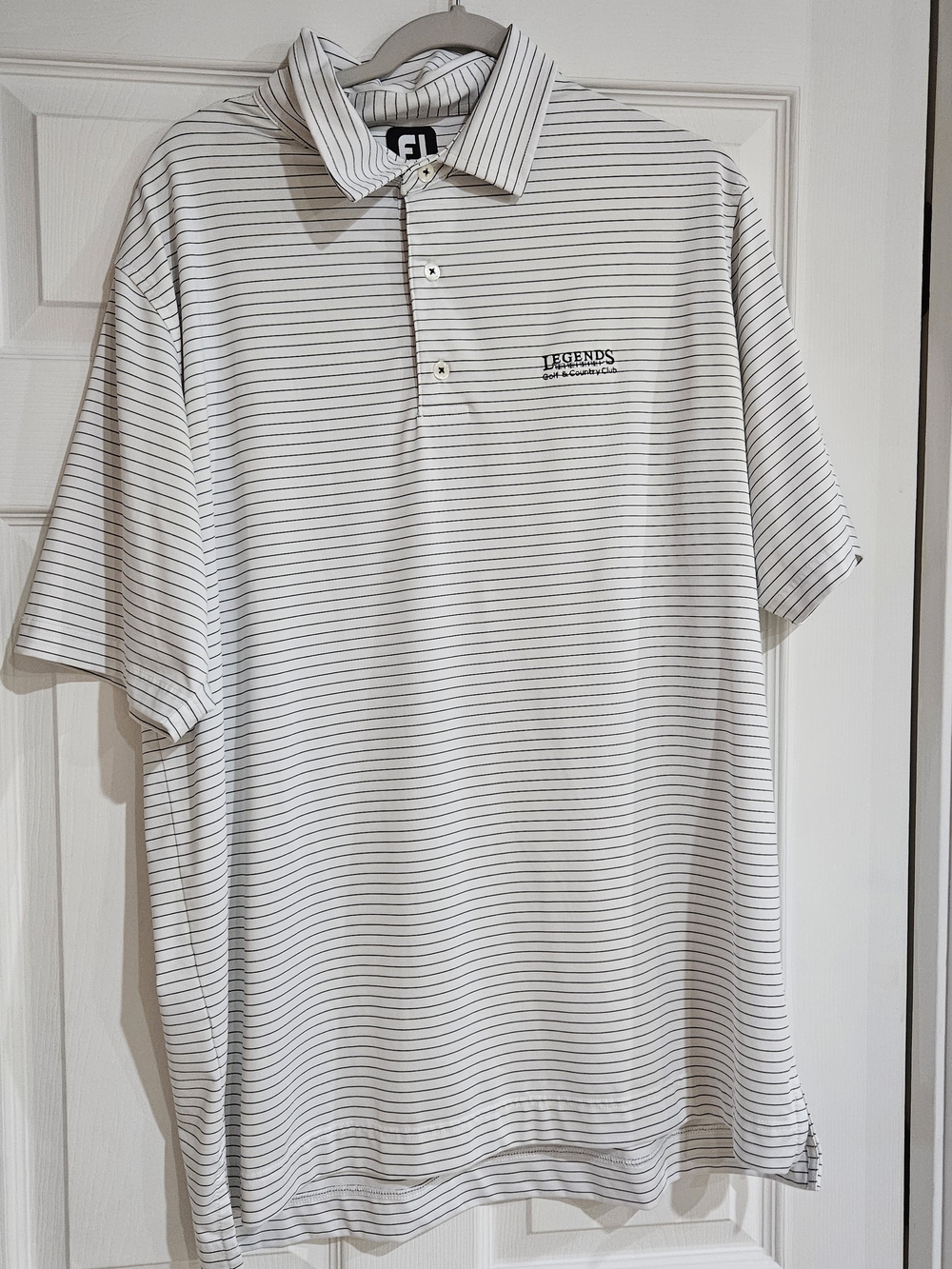FootJoy Men's XL Golf Polo Shirt White & Black Striped Legends Country Club Logo